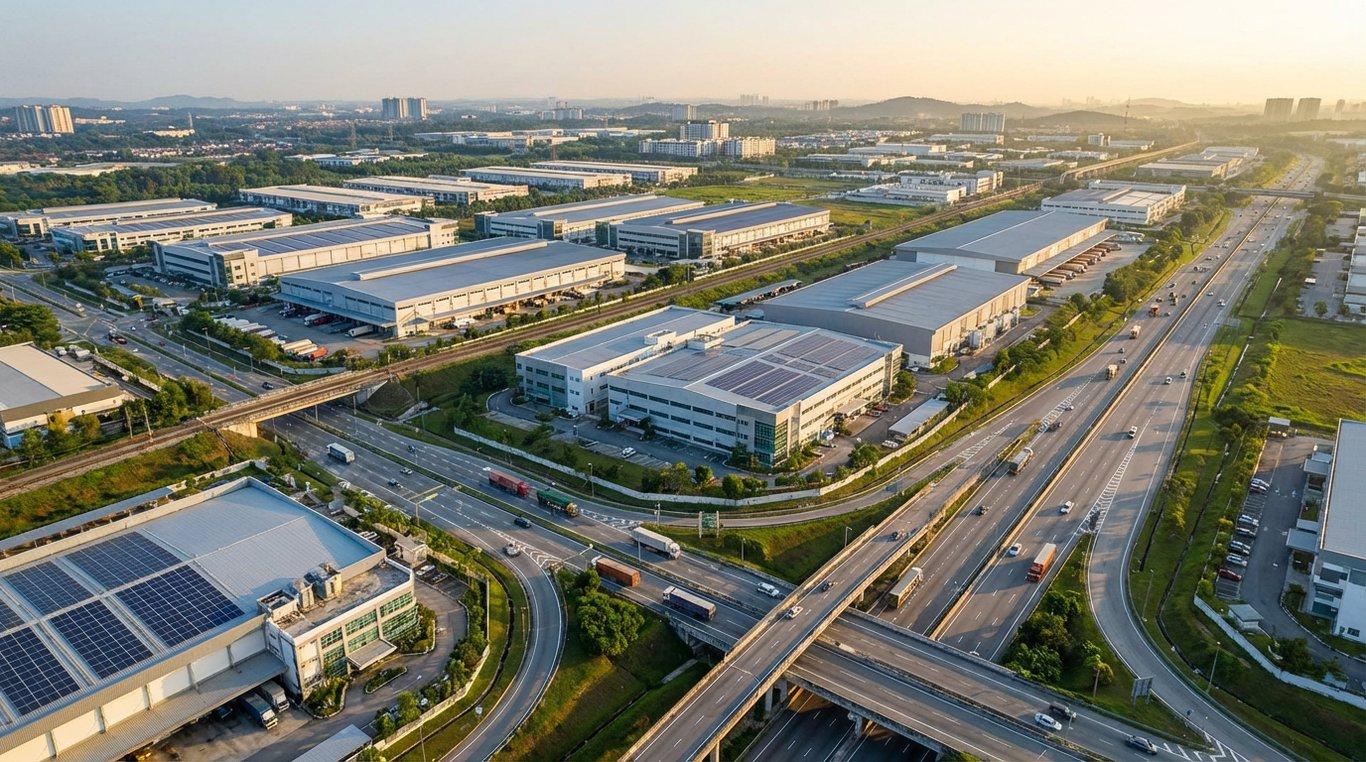 Industrial logistics park with warehouse buildings and access roads