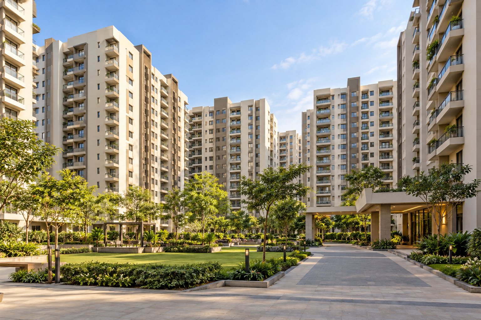 AI-generated illustration of apartment buildings with landscaped gardens and paved walkways