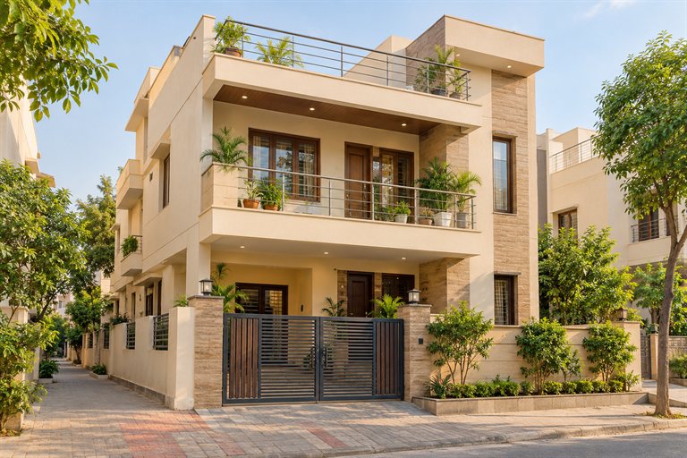 Illustrative independent house with balconies and a planted frontage