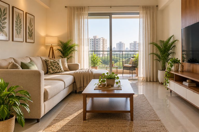 Illustrative furnished apartment living room opening onto a balcony