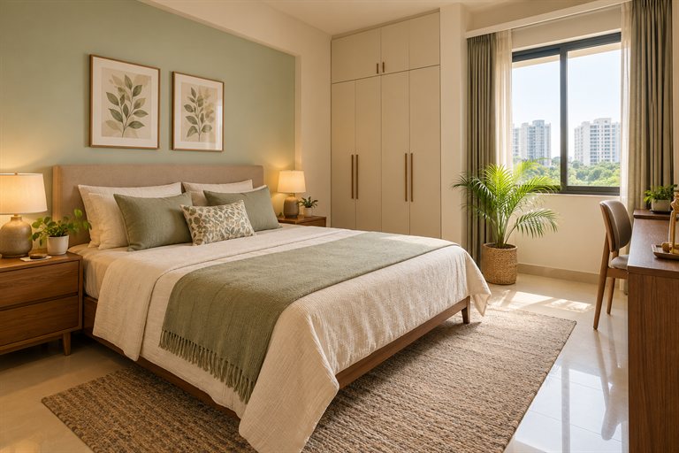 Illustrative apartment bedroom with a wardrobe and a daylight window