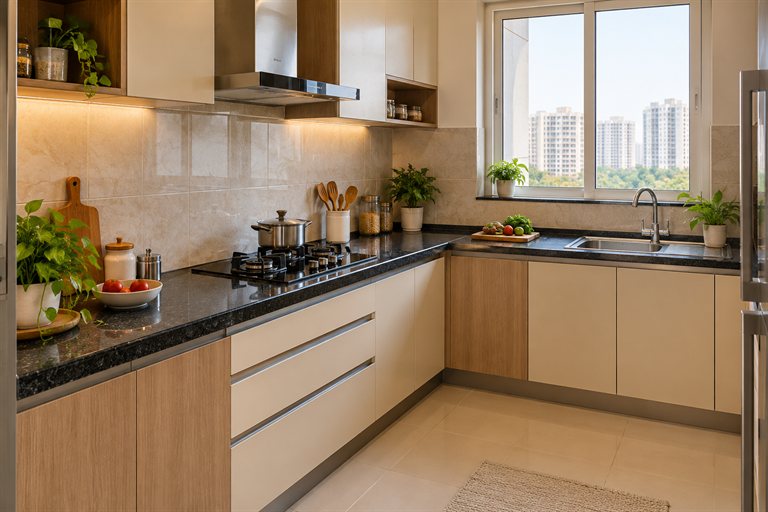 Illustrative L-shaped apartment kitchen with modular cabinets