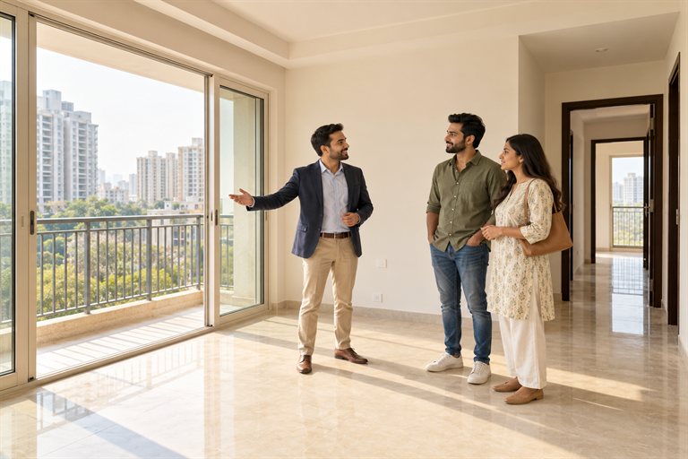 Illustrative property adviser showing an apartment to a couple